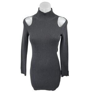 French Connection Lydia Black Rib Knit Long Sleeve Cutout Mini Sweater Dress S